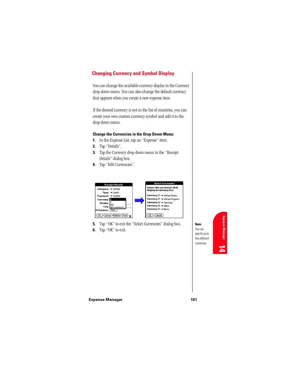 Changing currency and symbol display, Change the currencies in the drop down menu, Ex 14 | Samsung 010505D5 User Manual | Page 182 / 307