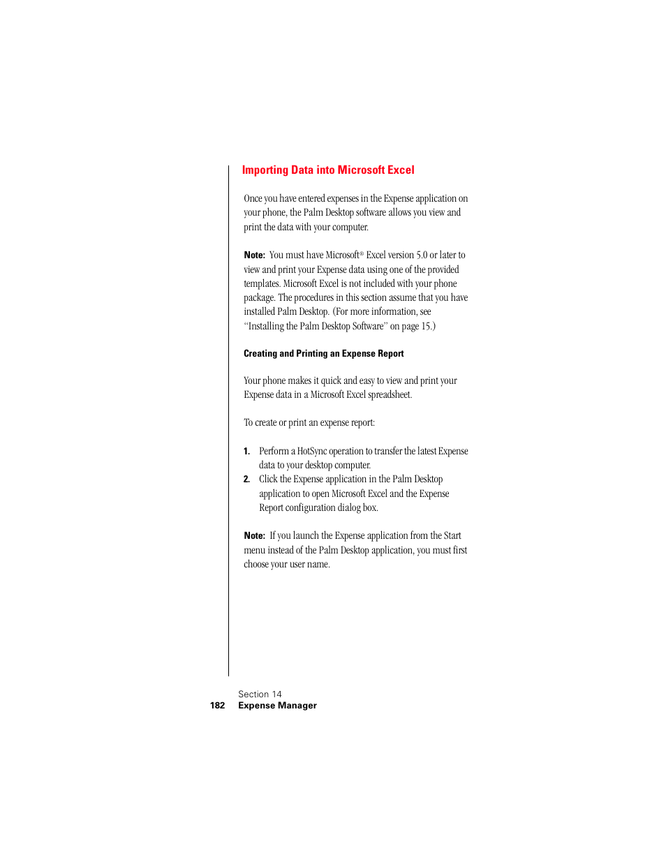 Importing data into microsoft excel, Creating and printing an expense report | Samsung 010505D5 User Manual | Page 183 / 307