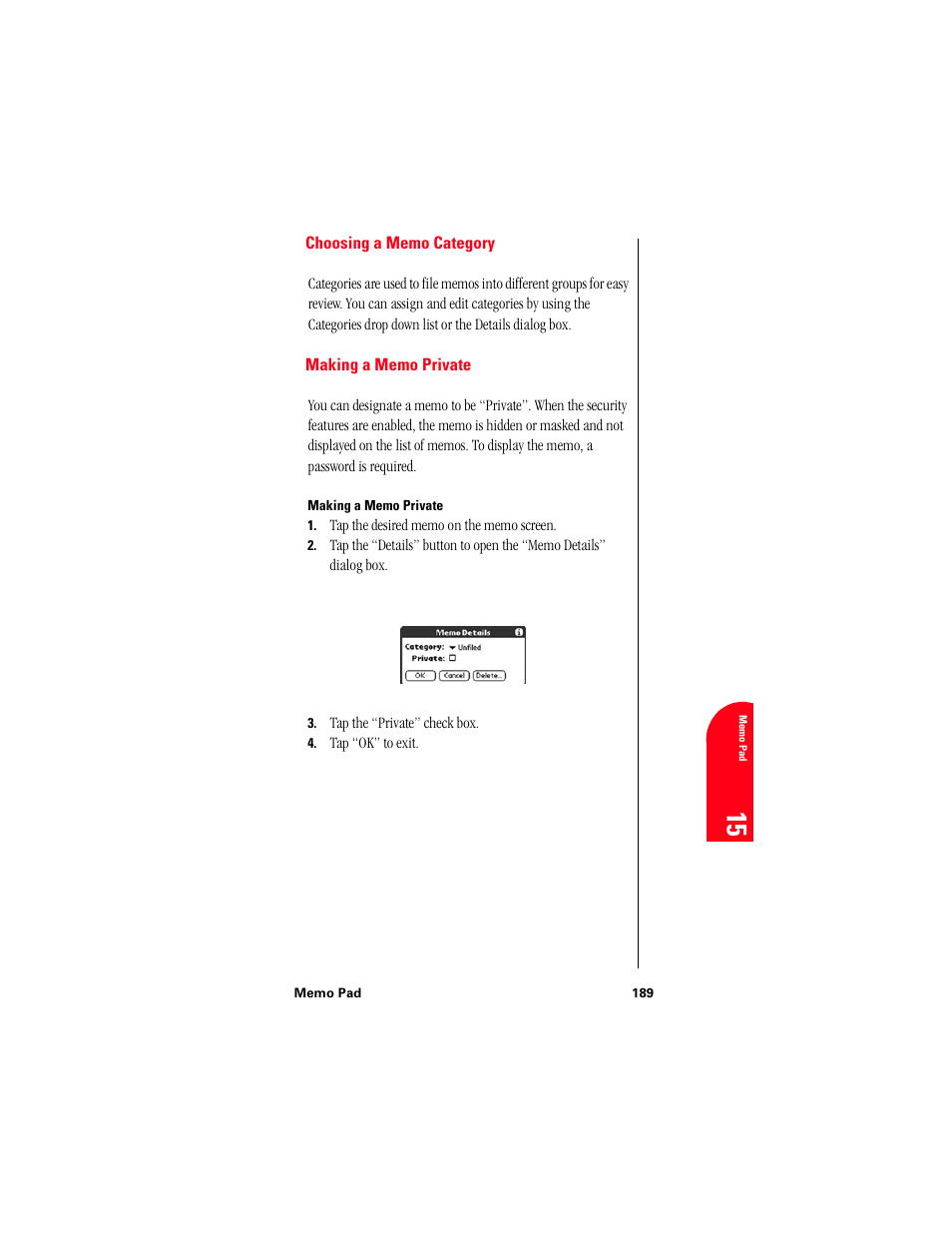 Choosing a memo category, Making a memo private | Samsung 010505D5 User Manual | Page 190 / 307