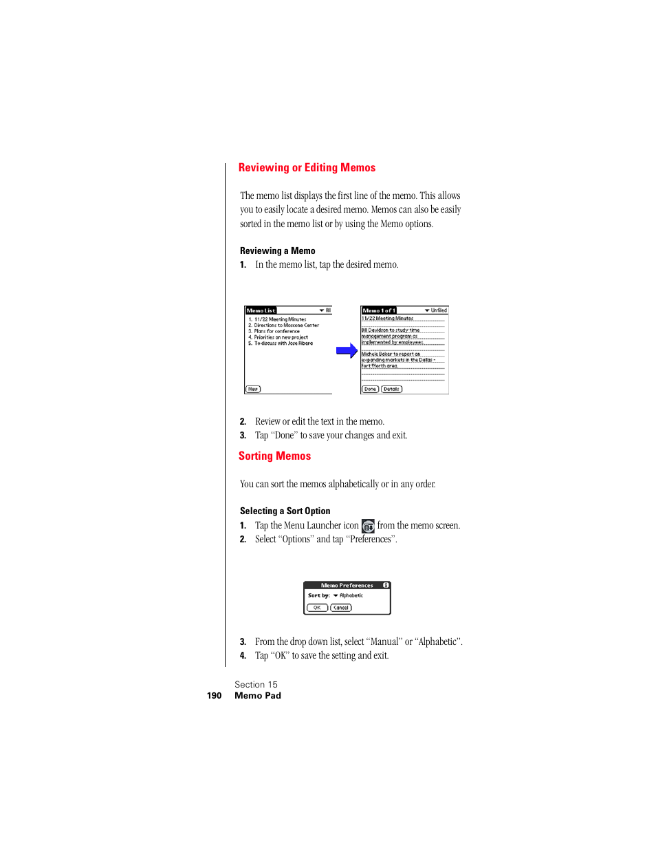 Reviewing or editing memos, Reviewing a memo, Sorting memos | Selecting a sort option | Samsung 010505D5 User Manual | Page 191 / 307