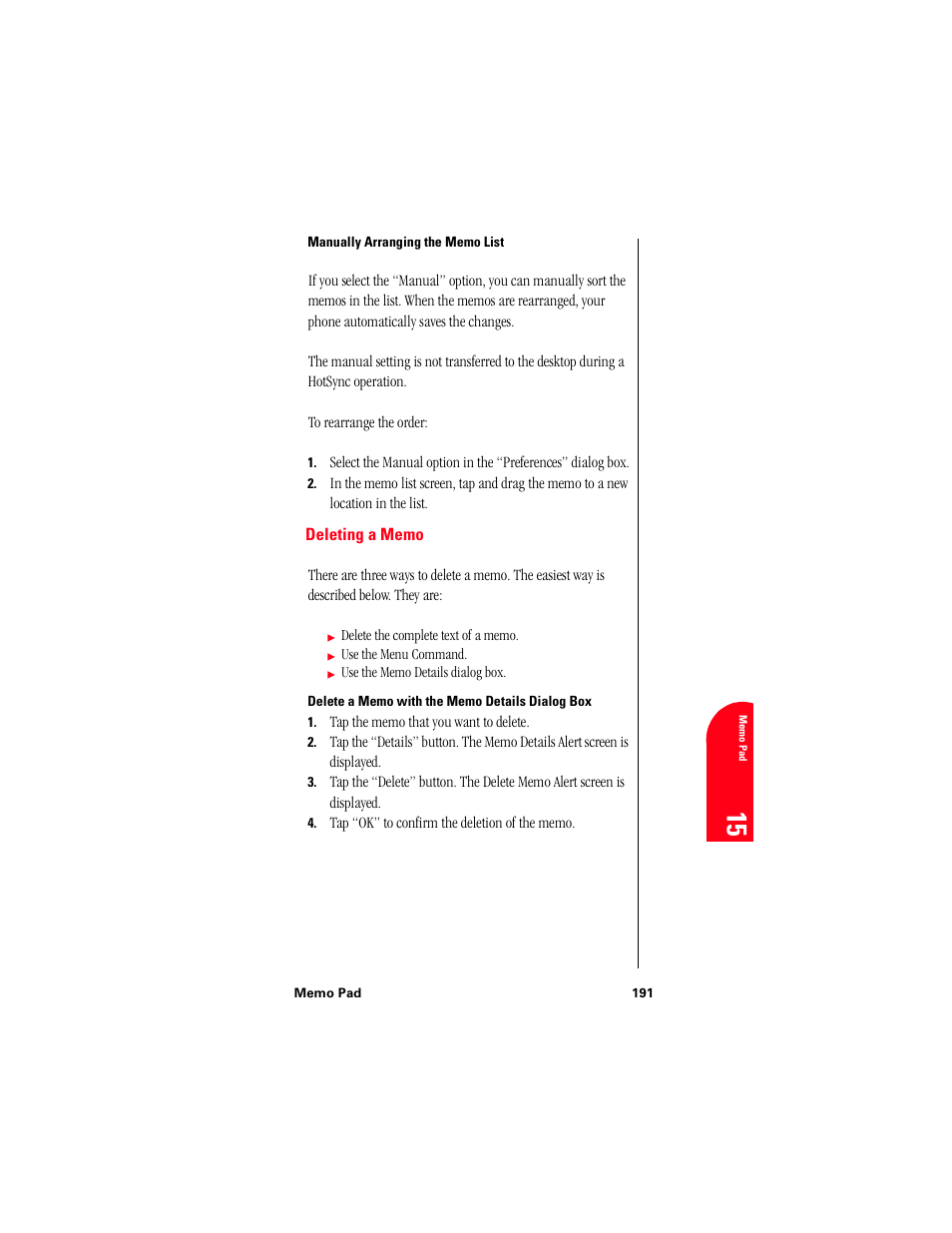 Manually arranging the memo list, Deleting a memo, Delete a memo with the memo details dialog box | Samsung 010505D5 User Manual | Page 192 / 307