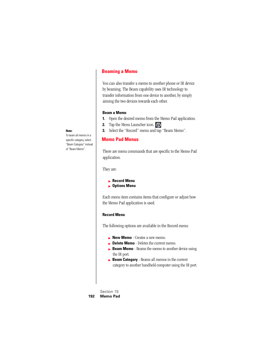 Beaming a memo, Beam a memo, Memo pad menus | Record menu | Samsung 010505D5 User Manual | Page 193 / 307