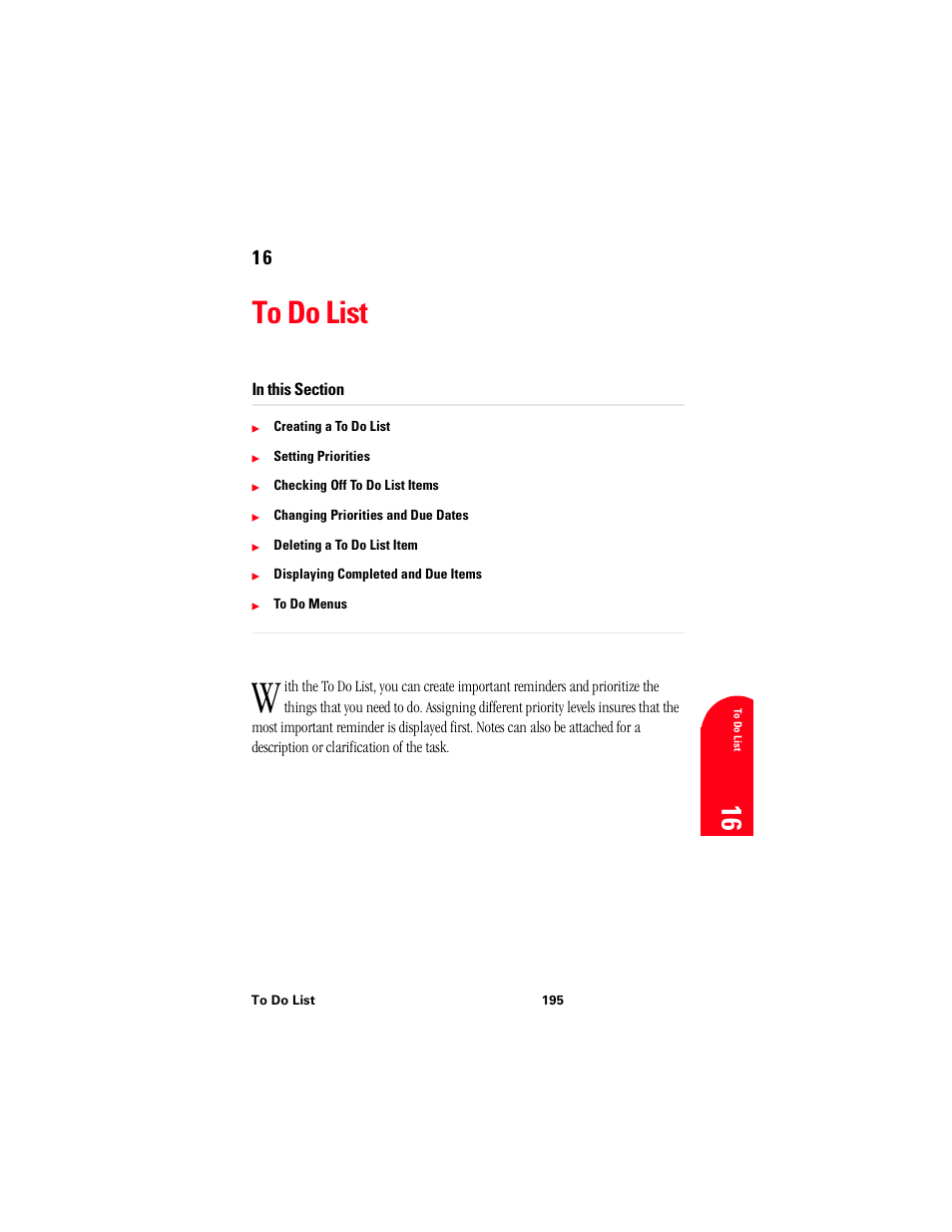 To do list, 16 to 16 | Samsung 010505D5 User Manual | Page 196 / 307