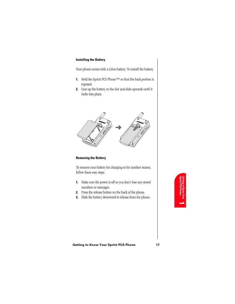 Installing the battery, Removing the battery, Ge 1 | Samsung 010505D5 User Manual | Page 20 / 307