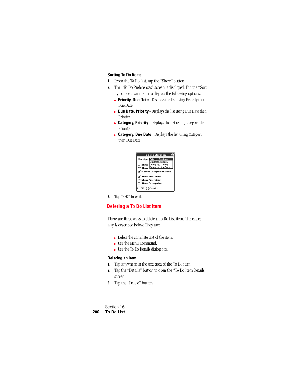Sorting to do items, Deleting a to do list item, Deleting an item | Samsung 010505D5 User Manual | Page 201 / 307