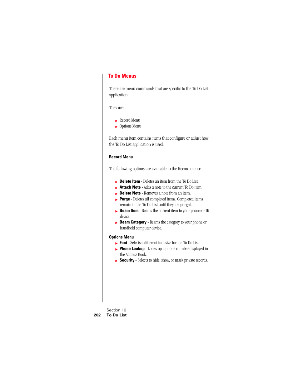 To do menus, Record menu, Options menu | Samsung 010505D5 User Manual | Page 203 / 307