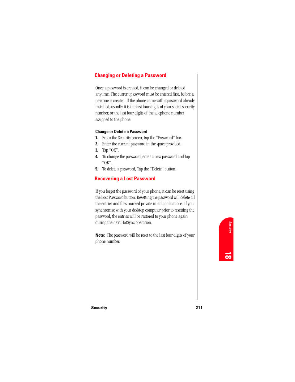 Changing or deleting a password, Change or delete a password, Recovering a lost password | Se 18 | Samsung 010505D5 User Manual | Page 212 / 307