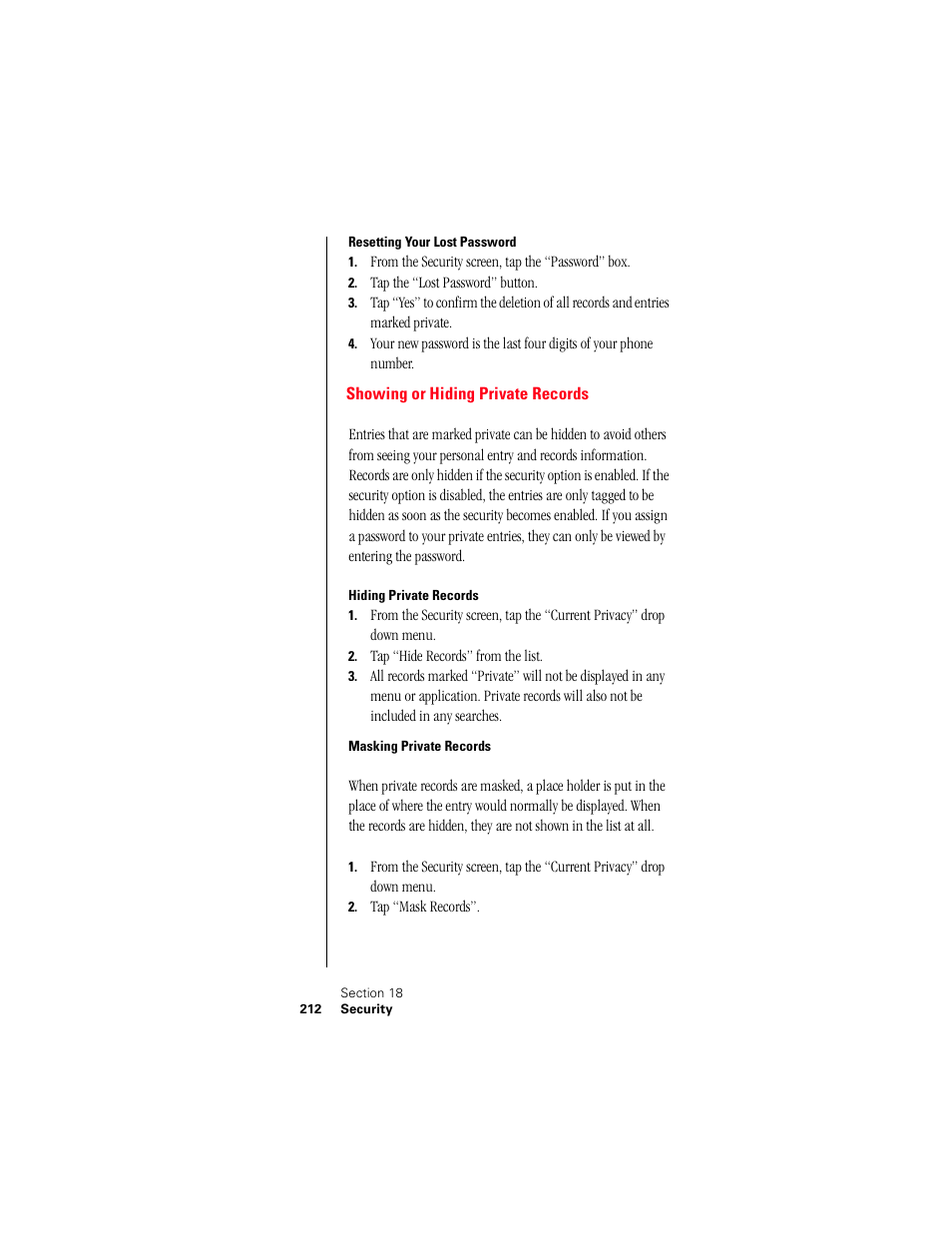 Resetting your lost password, Showing or hiding private records, Hiding private records | Masking private records | Samsung 010505D5 User Manual | Page 213 / 307