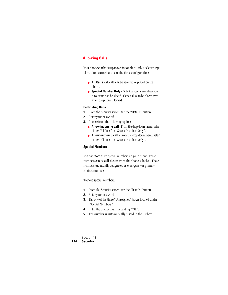 Allowing calls, Restricting calls, Special numbers | Samsung 010505D5 User Manual | Page 215 / 307