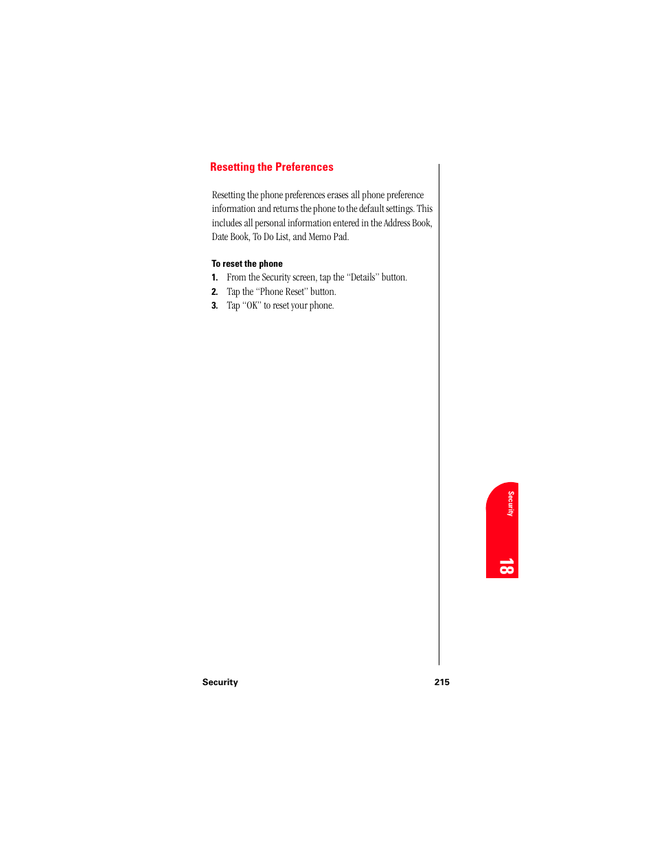 Resetting the preferences, To reset the phone, Se 18 | Samsung 010505D5 User Manual | Page 216 / 307