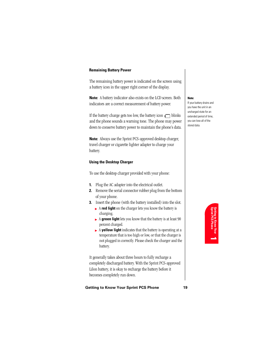 Remaining battery power, Using the desktop charger, Ge 1 | Samsung 010505D5 User Manual | Page 22 / 307