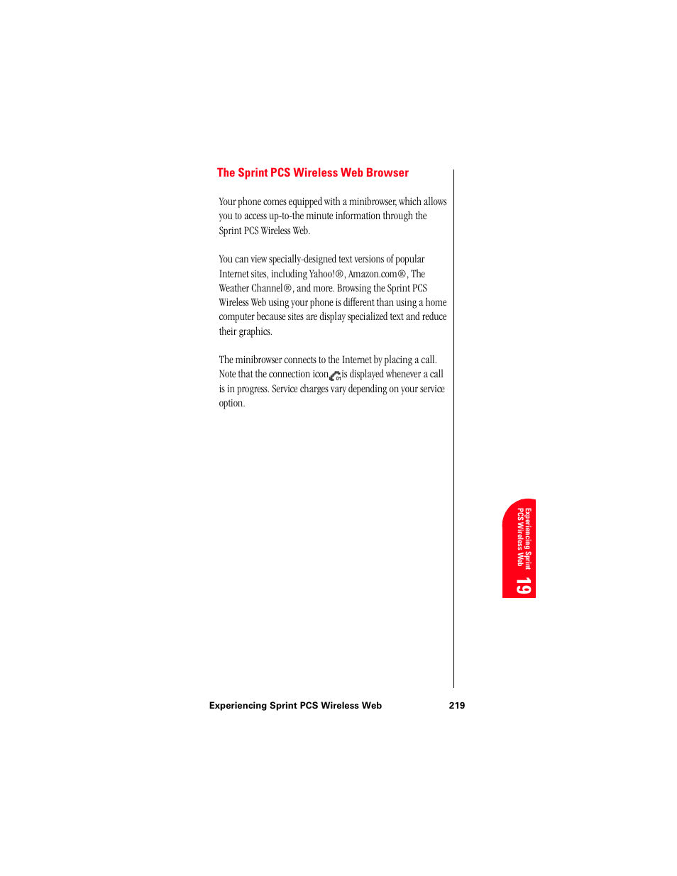 The sprint pcs wireless web browser, 19 ex 19 | Samsung 010505D5 User Manual | Page 220 / 307