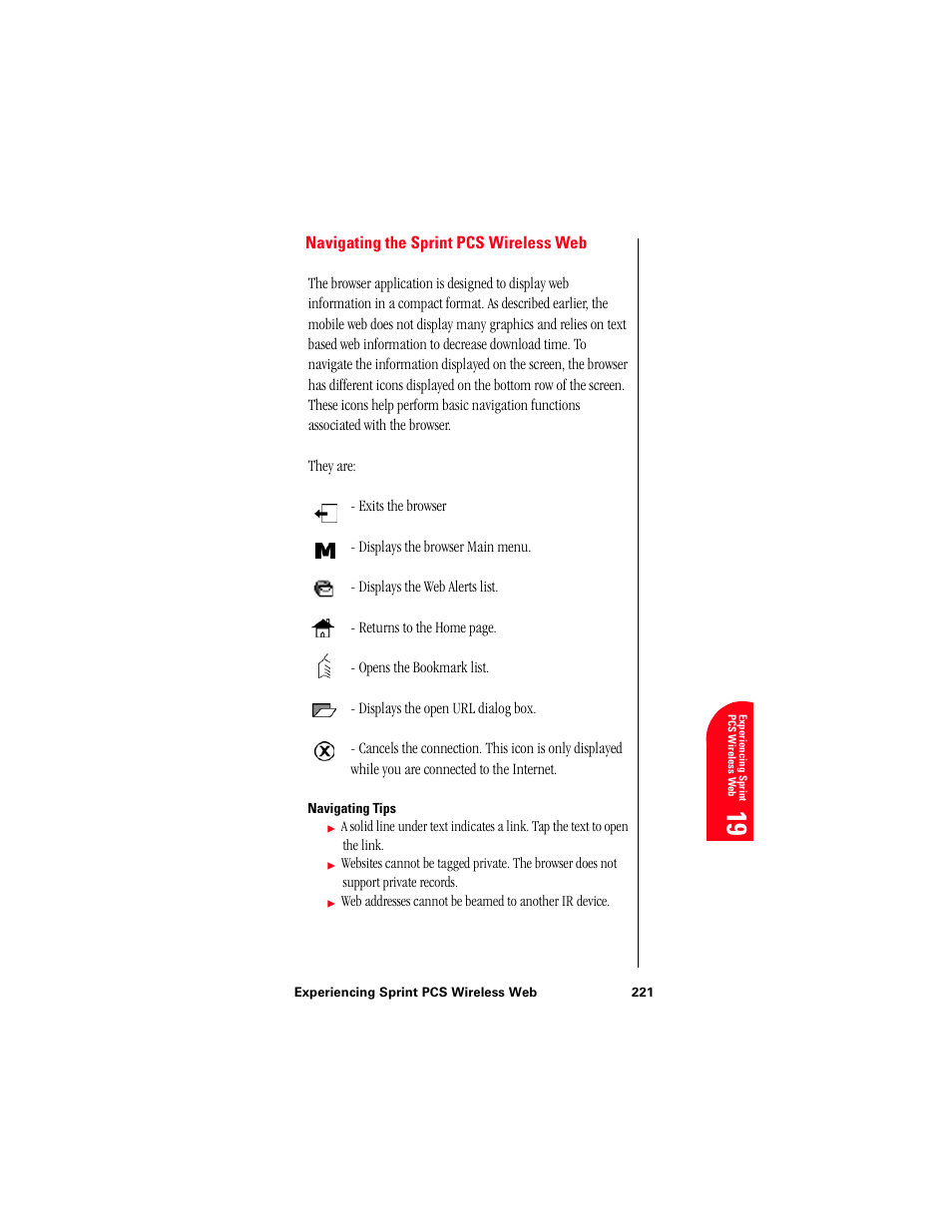 Navigating the sprint pcs wireless web, Navigating tips, Ex 19 | Samsung 010505D5 User Manual | Page 222 / 307