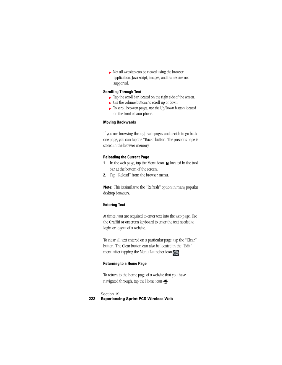 Scrolling through text, Moving backwards, Entering text | Samsung 010505D5 User Manual | Page 223 / 307