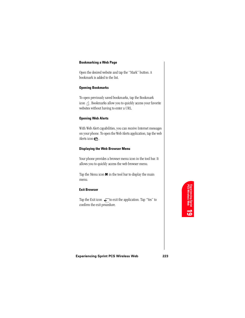 Opening bookmarks, Opening web alerts, Displaying the web browser menu | Exit browser, Ex 19 | Samsung 010505D5 User Manual | Page 224 / 307