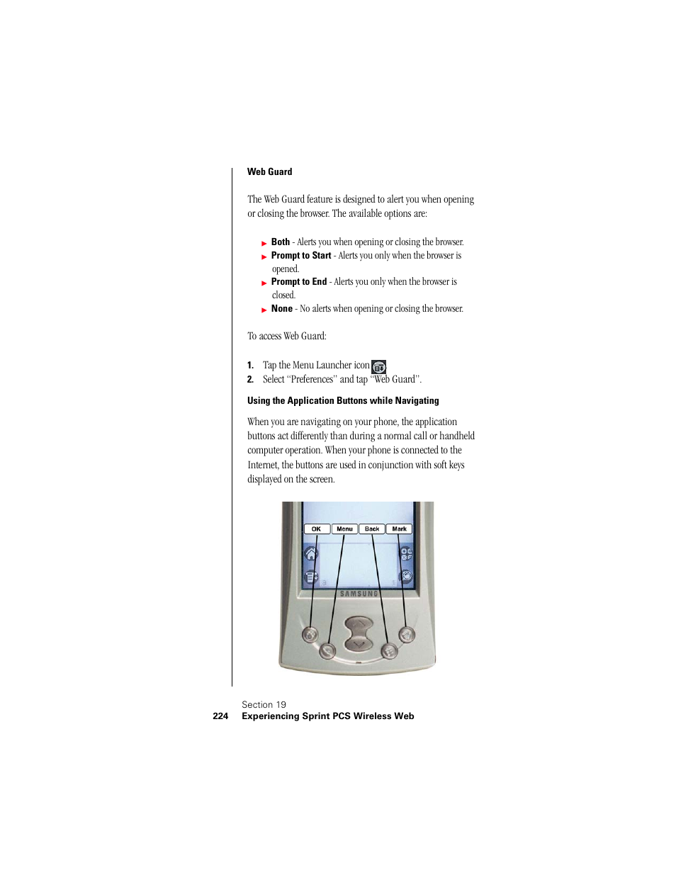 Web guard, Using the application buttons while navigating | Samsung 010505D5 User Manual | Page 225 / 307