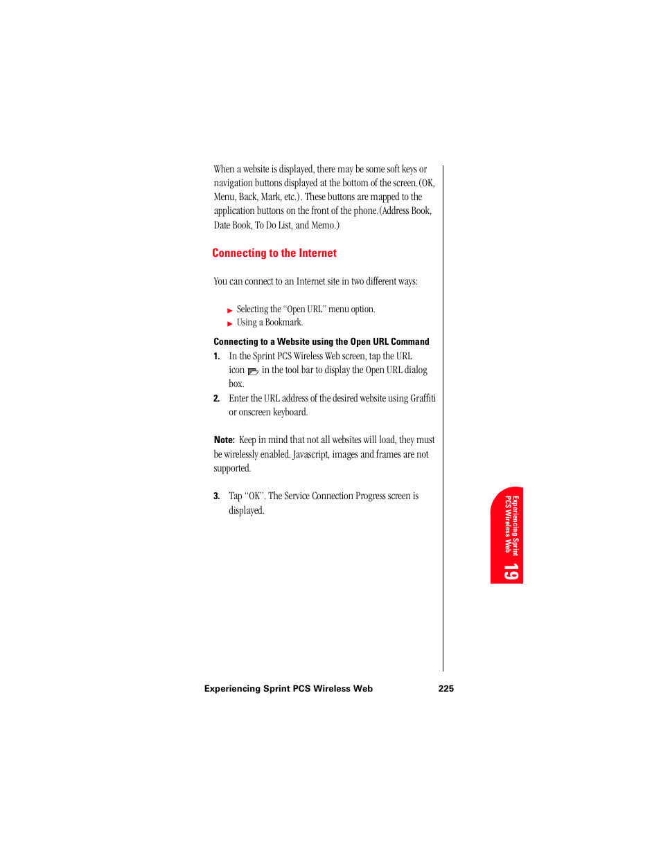 Connecting to the internet, Connecting to a website using the open url command, Ex 19 | Samsung 010505D5 User Manual | Page 226 / 307