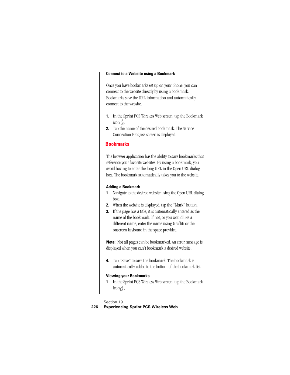 Connect to a website using a bookmark, Bookmarks, Adding a bookmark | Viewing your bookmarks | Samsung 010505D5 User Manual | Page 227 / 307