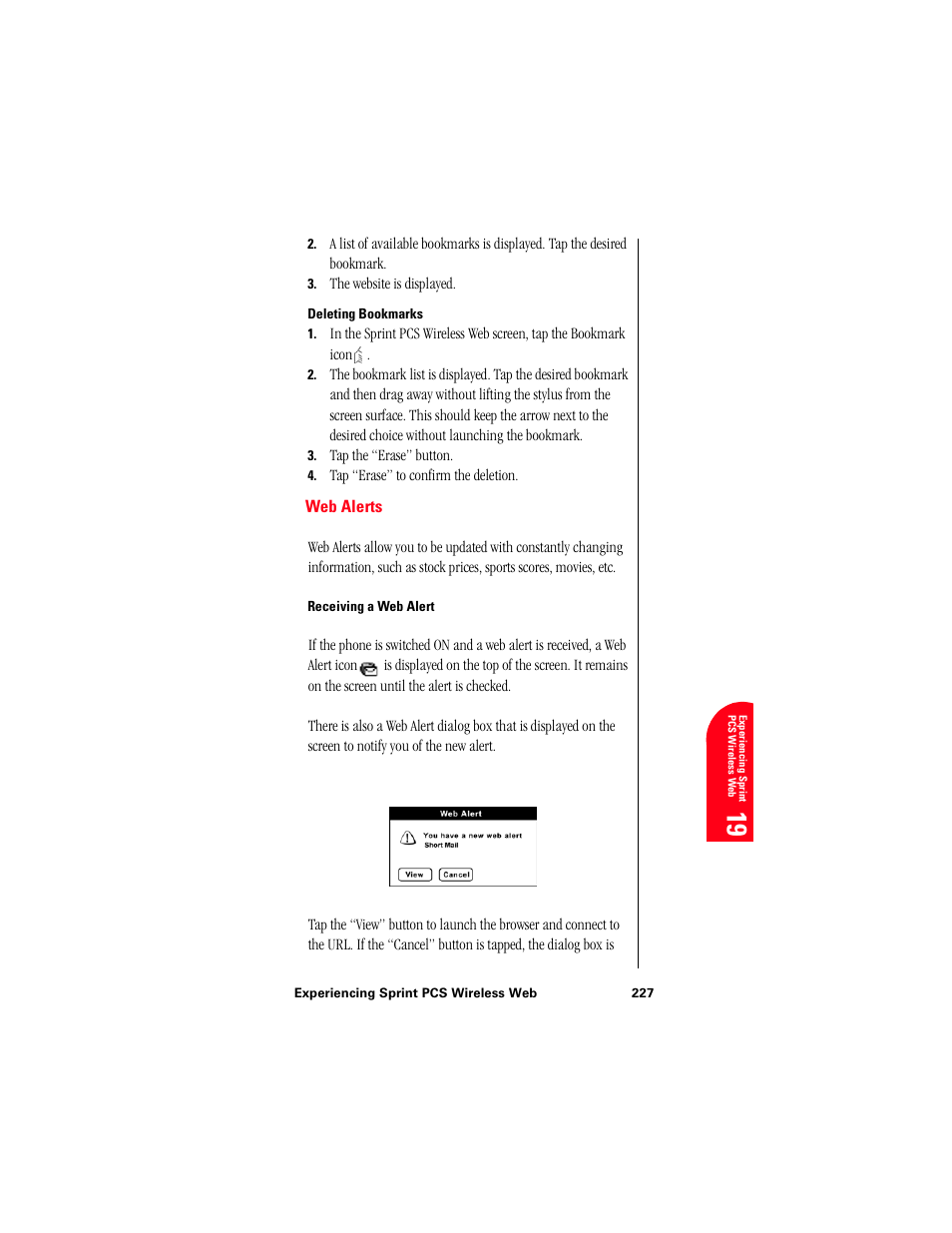 Deleting bookmarks, Web alerts, Receiving a web alert | Ex 19 | Samsung 010505D5 User Manual | Page 228 / 307