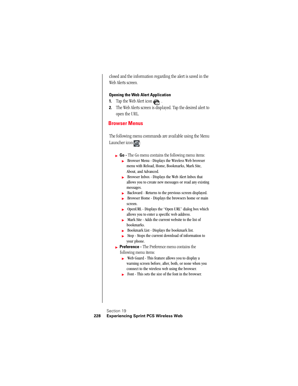 Opening the web alert application, Browser menus, Tap the web alert icon | Samsung 010505D5 User Manual | Page 229 / 307