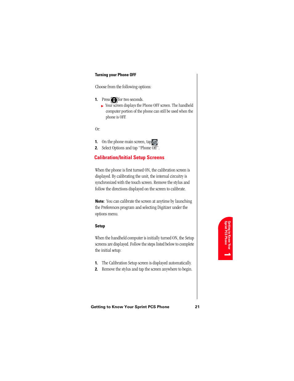 Turning your phone off, Calibration/initial setup screens, Setup | Ge 1 | Samsung 010505D5 User Manual | Page 24 / 307