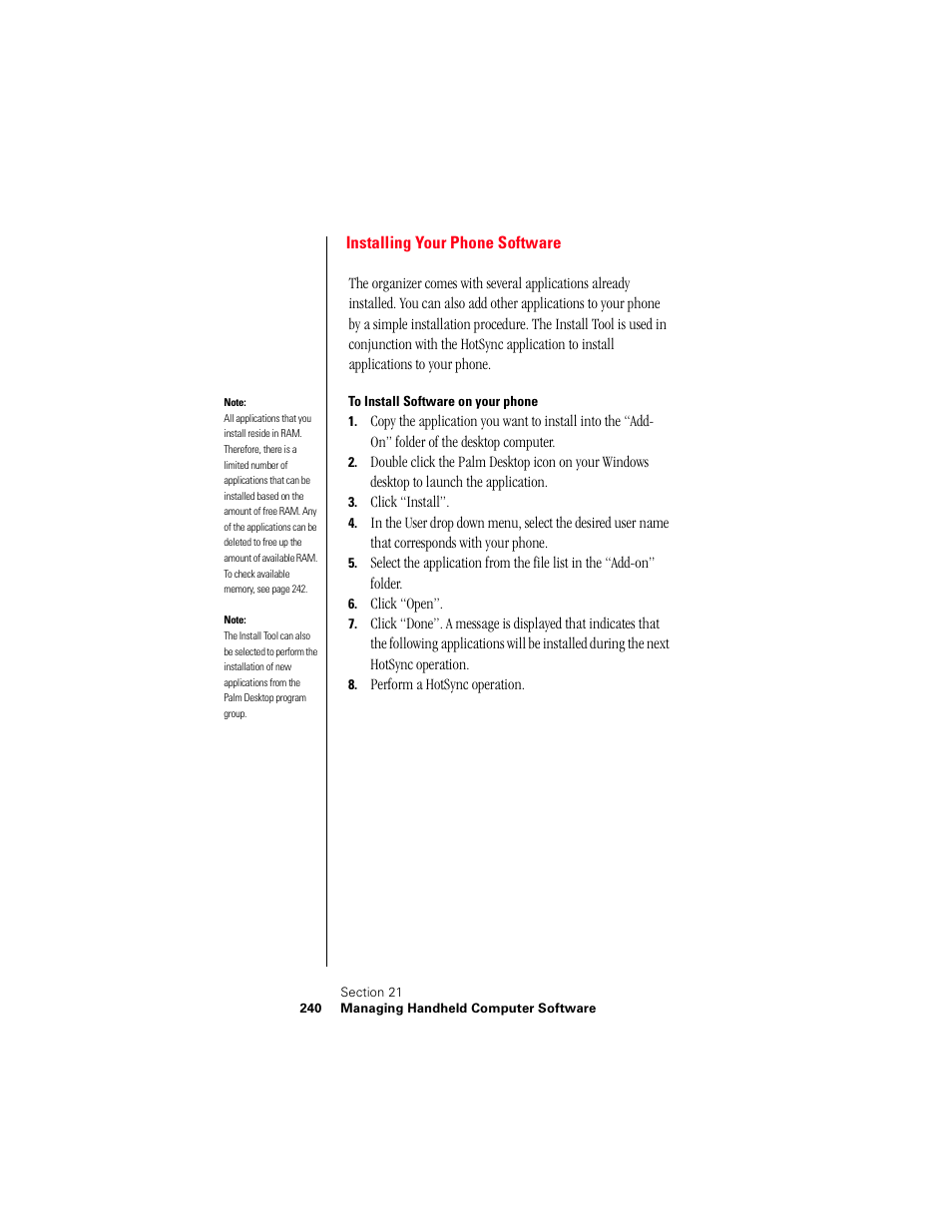 Installing your phone software, To install software on your phone, Click “install | Click “open, Perform a hotsync operation | Samsung 010505D5 User Manual | Page 241 / 307