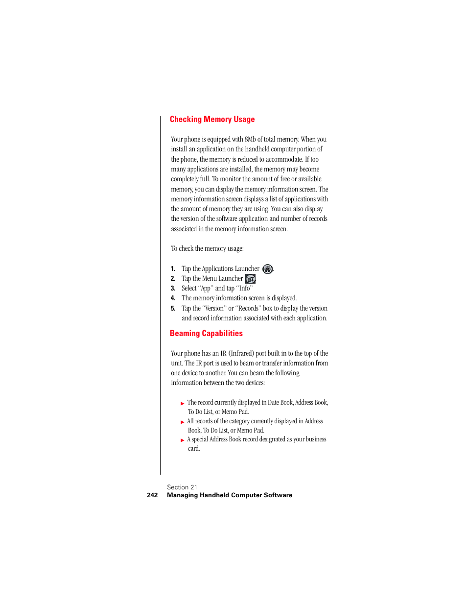 Checking memory usage, Beaming capabilities | Samsung 010505D5 User Manual | Page 243 / 307