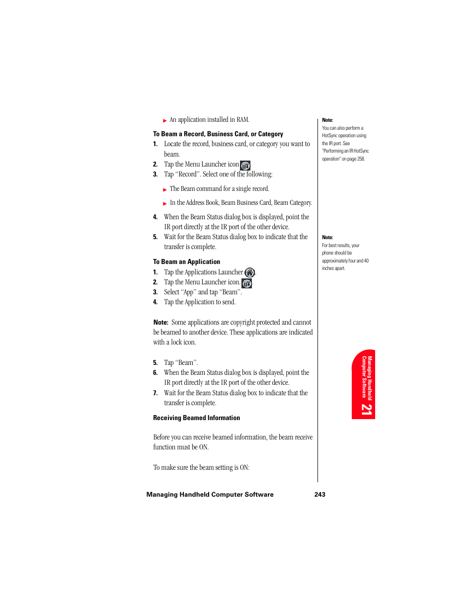 To beam a record, business card, or category, To beam an application, Receiving beamed information | Samsung 010505D5 User Manual | Page 244 / 307