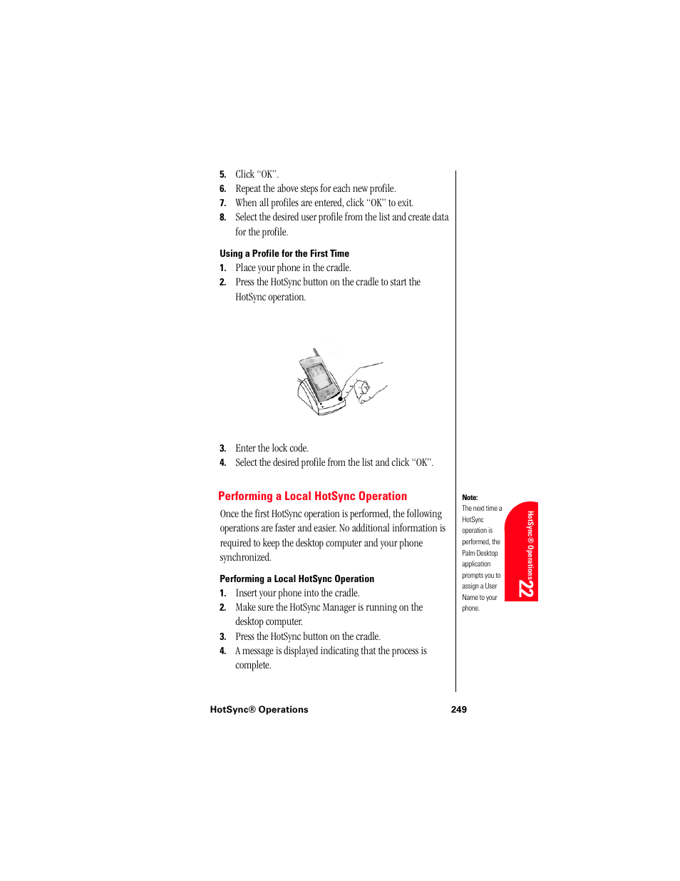 Using a profile for the first time, Performing a local hotsync operation, Ho 22 | Samsung 010505D5 User Manual | Page 250 / 307