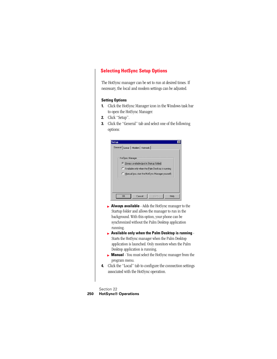 Selecting hotsync setup options, Setting options | Samsung 010505D5 User Manual | Page 251 / 307