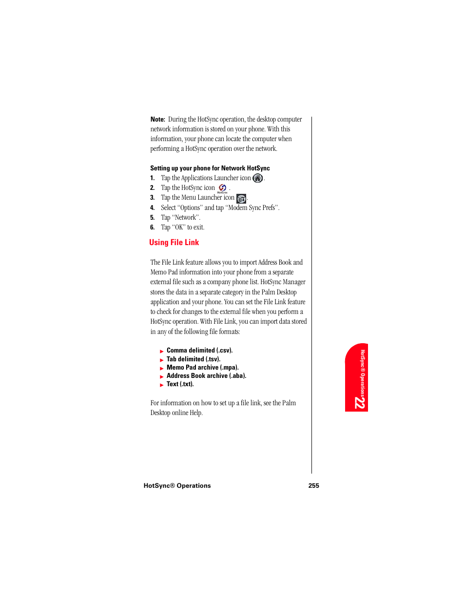 Setting up your phone for network hotsync, Using file link, Ho 22 | Samsung 010505D5 User Manual | Page 256 / 307