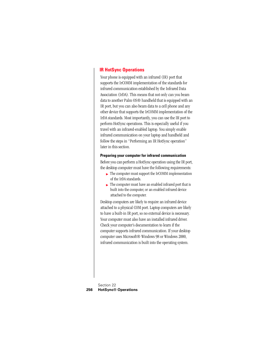 Ir hotsync operations, Preparing your computer for infrared communication | Samsung 010505D5 User Manual | Page 257 / 307