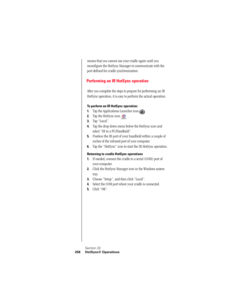 Performing an ir hotsync operation, To perform an ir hotsync operation, Returning to cradle hotsync operations | Performing an ir hotsync | Samsung 010505D5 User Manual | Page 259 / 307
