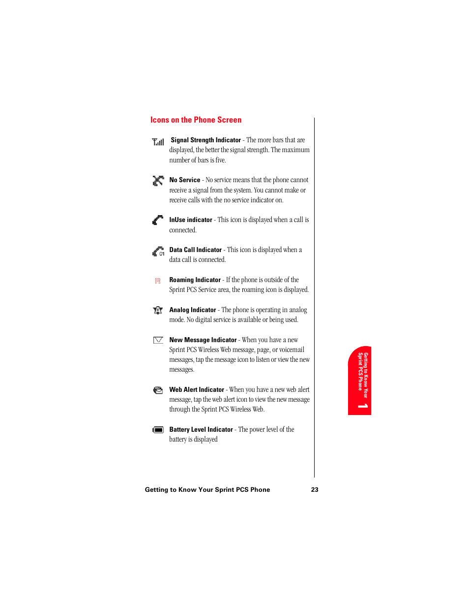Icons on the phone screen, Ge 1 | Samsung 010505D5 User Manual | Page 26 / 307