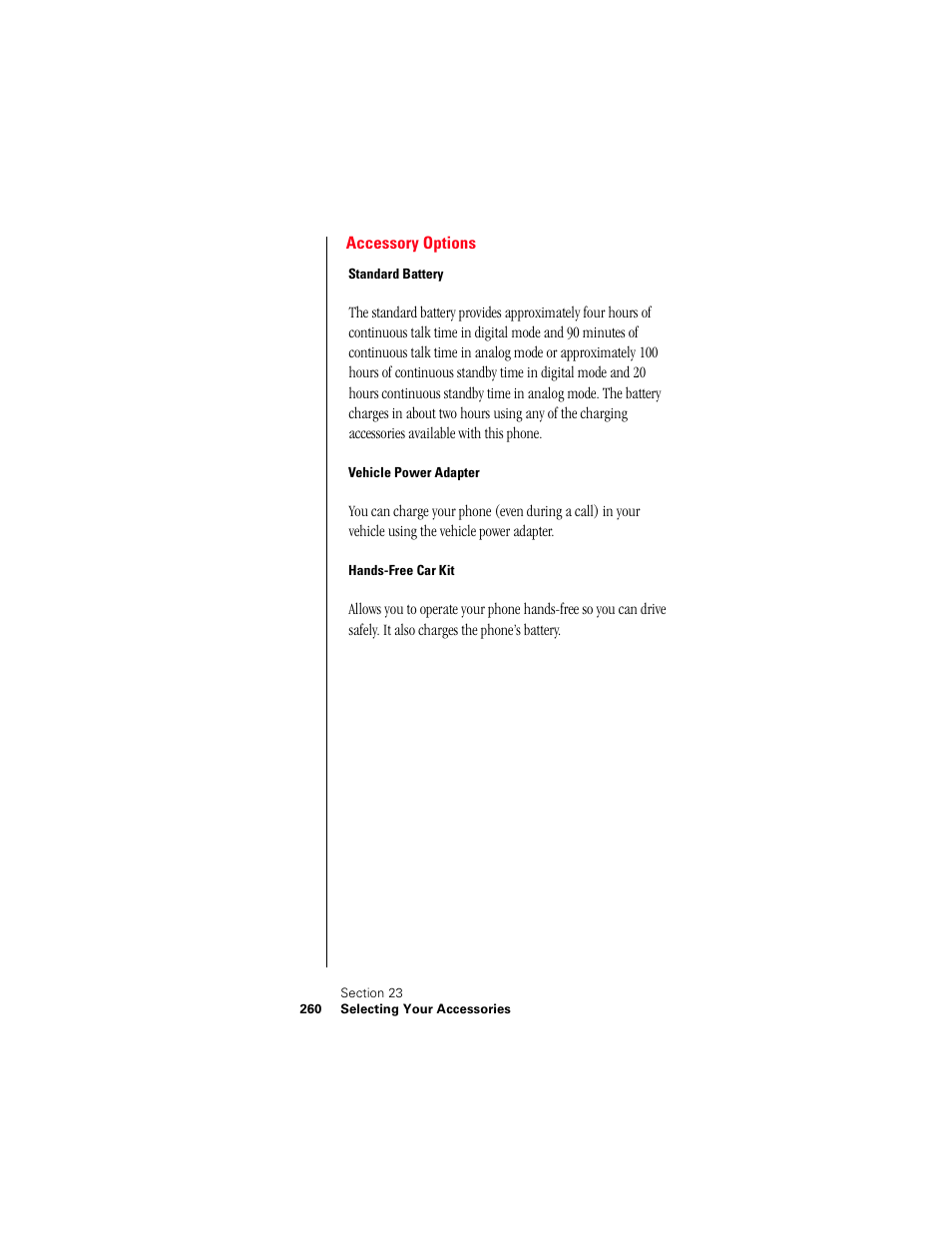 Accessory options, Standard battery, Vehicle power adapter | Hands-free car kit | Samsung 010505D5 User Manual | Page 261 / 307
