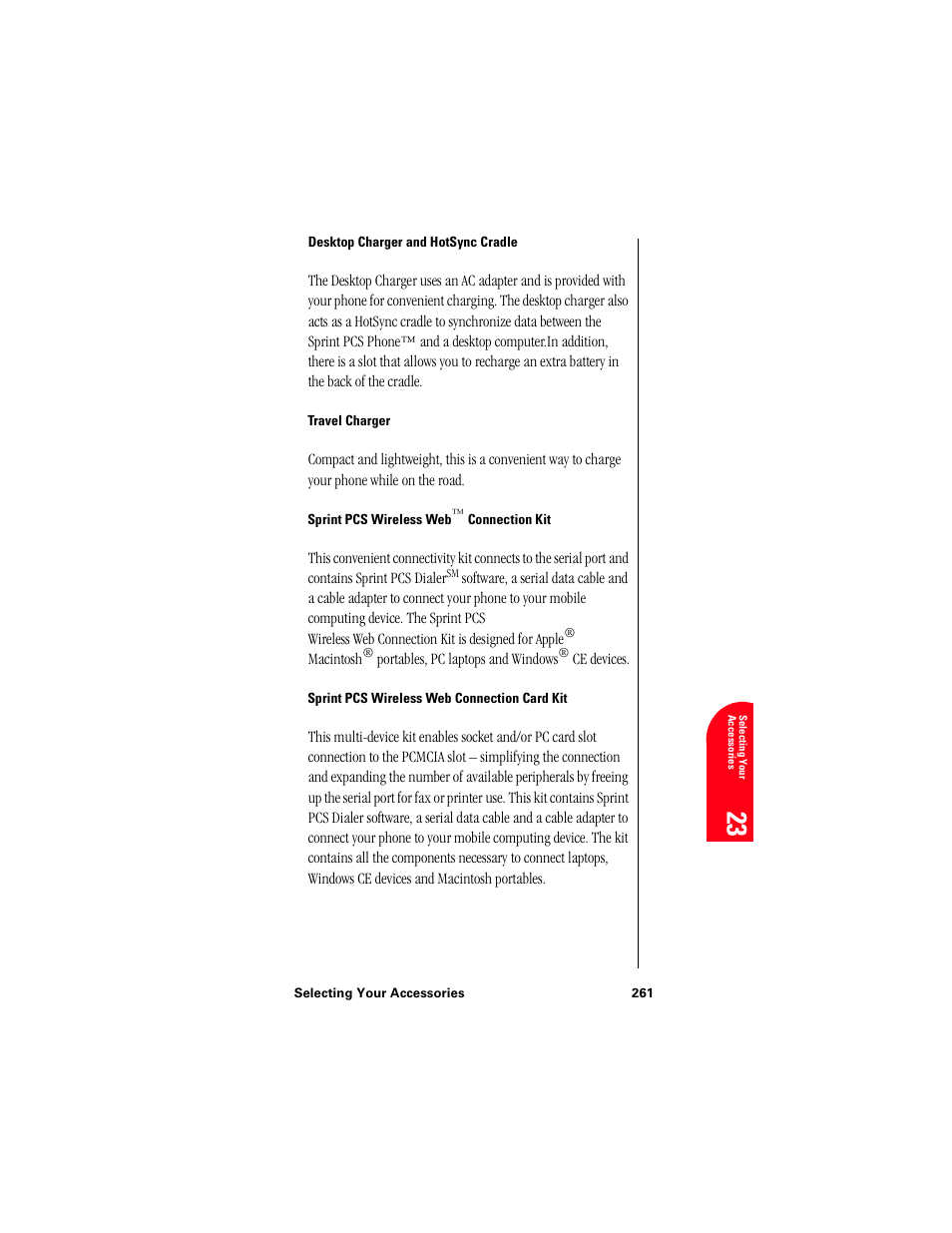 Travel charger, Sprint pcs wireless web™ connection kit, Sprint pcs wireless web connection card kit | Se 23 | Samsung 010505D5 User Manual | Page 262 / 307