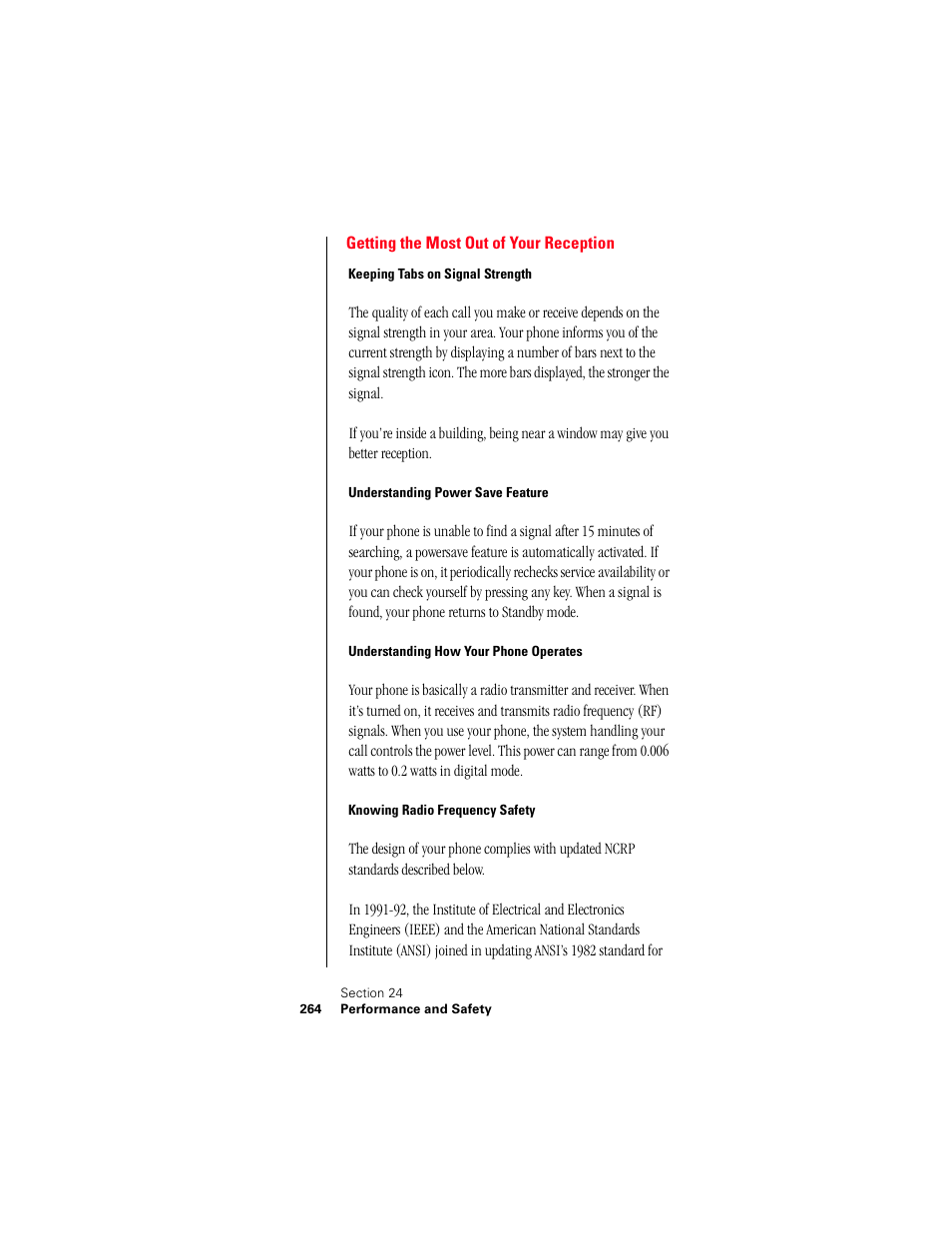 Getting the most out of your reception, Keeping tabs on signal strength, Understanding power save feature | Understanding how your phone operates, Knowing radio frequency safety | Samsung 010505D5 User Manual | Page 265 / 307