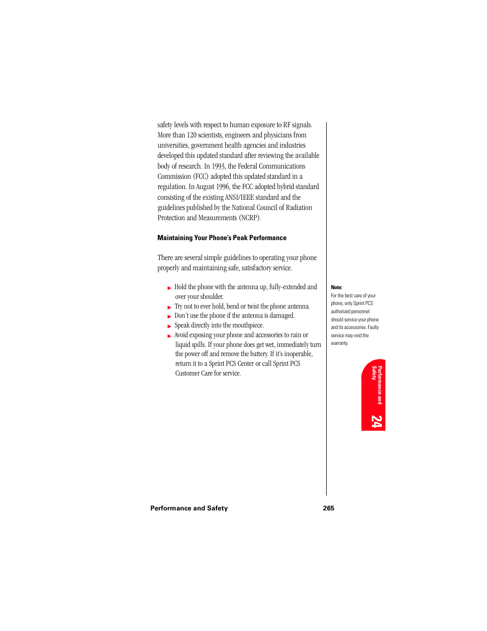 Maintaining your phone’s peak performance, Pe 24 | Samsung 010505D5 User Manual | Page 266 / 307