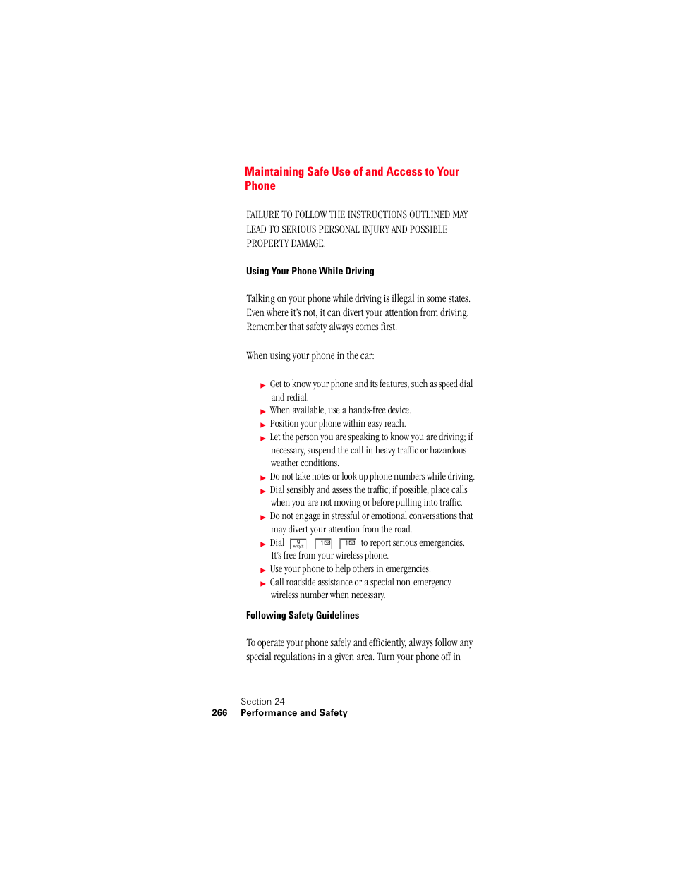 Maintaining safe use of and access to your phone, Using your phone while driving, Following safety guidelines | Samsung 010505D5 User Manual | Page 267 / 307