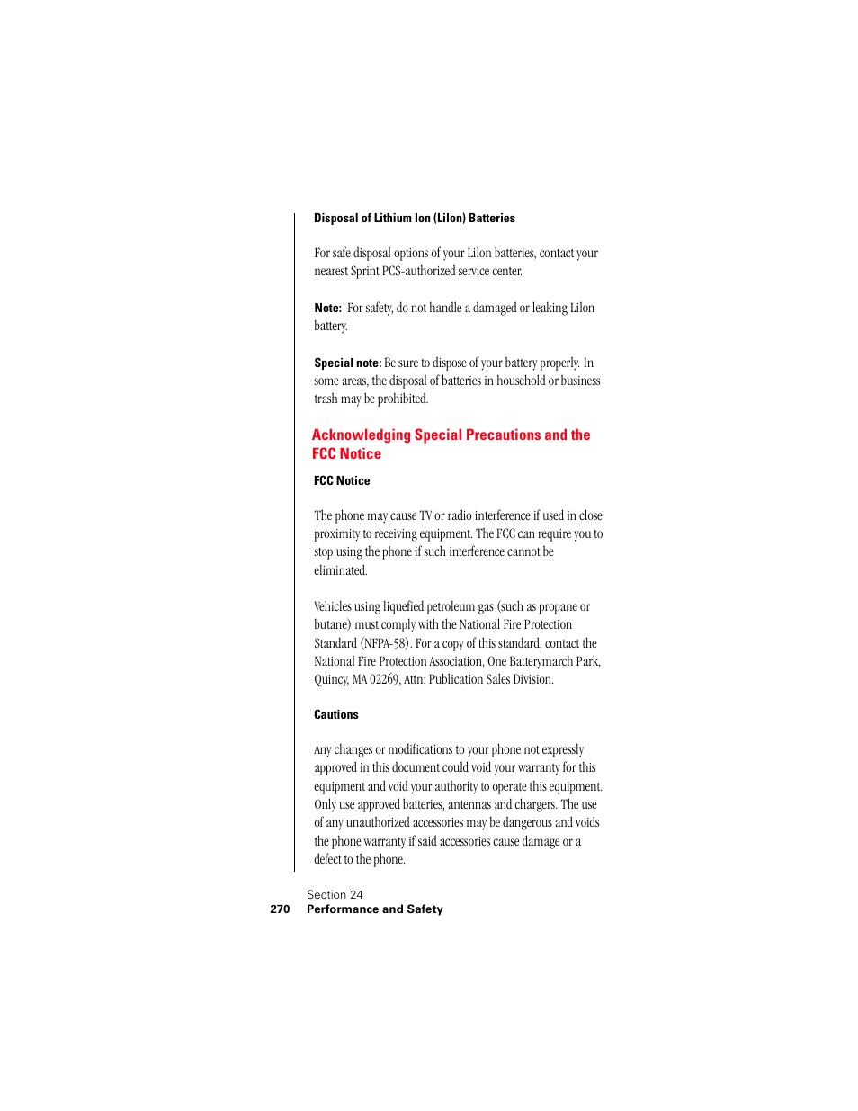 Disposal of lithium ion (lilon) batteries, Fcc notice, Cautions | Samsung 010505D5 User Manual | Page 271 / 307