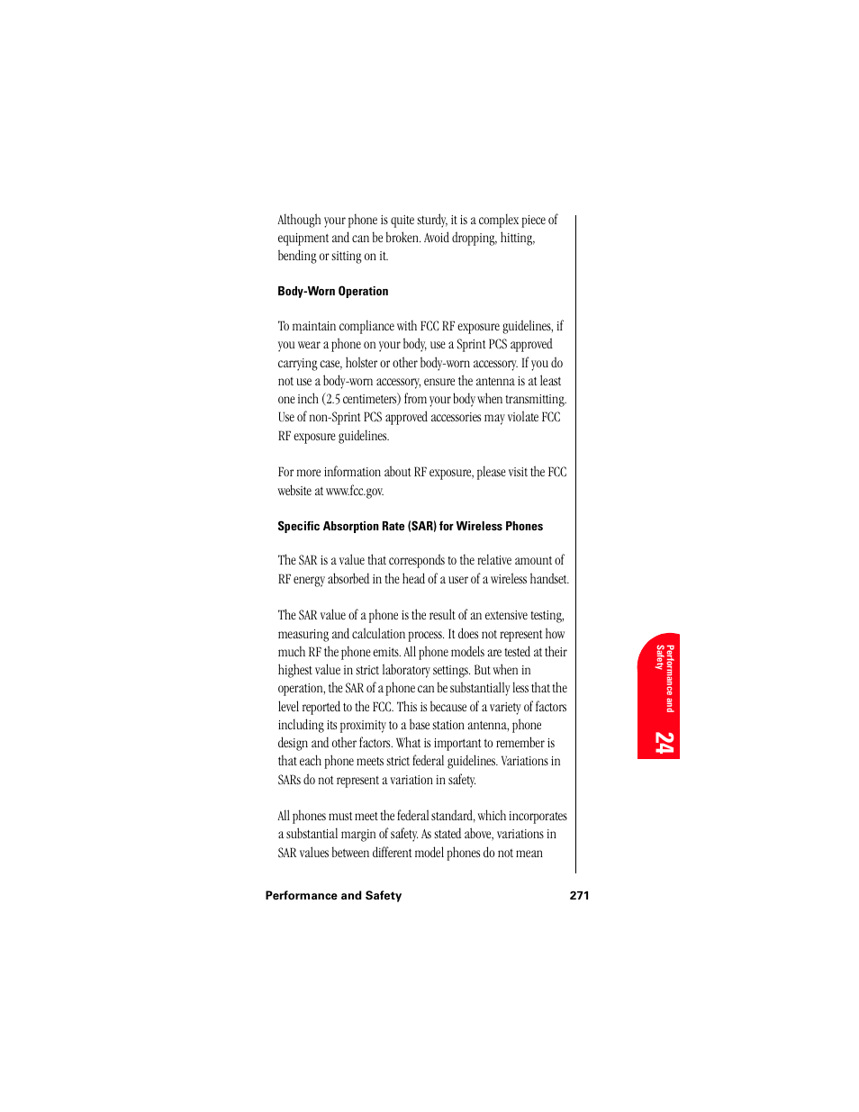 Body-worn operation, Specific absorption rate (sar) for wireless phones, Pe 24 | Samsung 010505D5 User Manual | Page 272 / 307