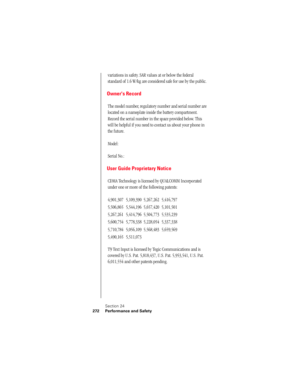 Owner's record, User guide proprietary notice | Samsung 010505D5 User Manual | Page 273 / 307