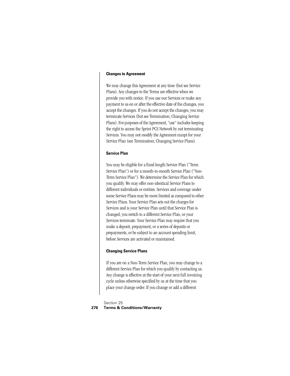 Changes to agreement, Service plan, Changing service plans | Samsung 010505D5 User Manual | Page 277 / 307