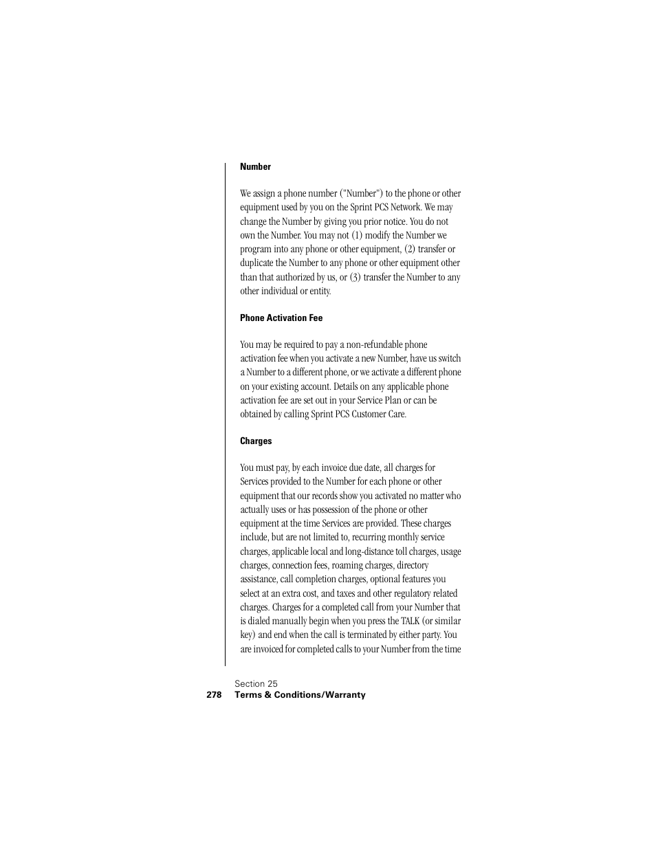 Number, Phone activation fee, Charges | Samsung 010505D5 User Manual | Page 279 / 307