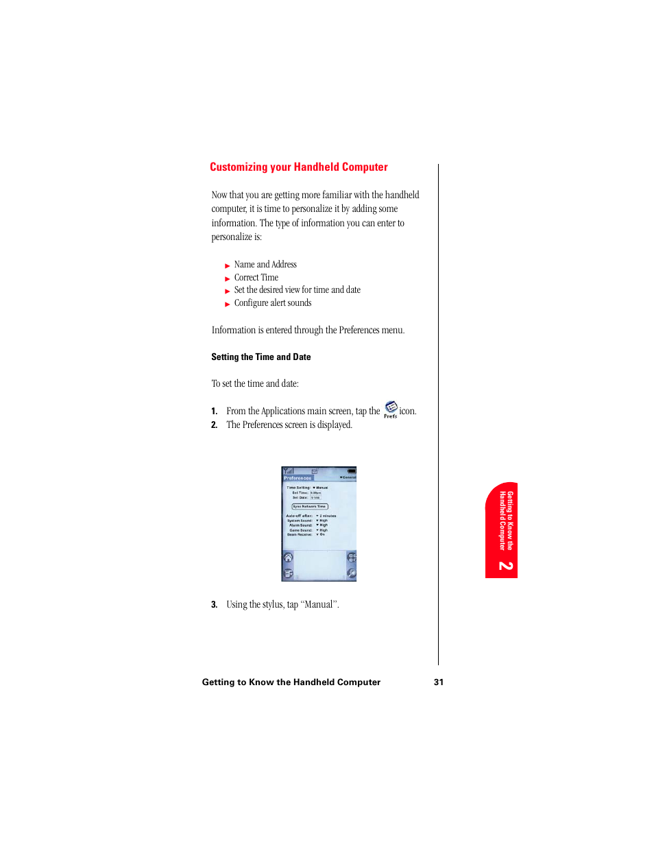 Customizing your handheld computer, Setting the time and date, Ge 2 | Samsung 010505D5 User Manual | Page 34 / 307