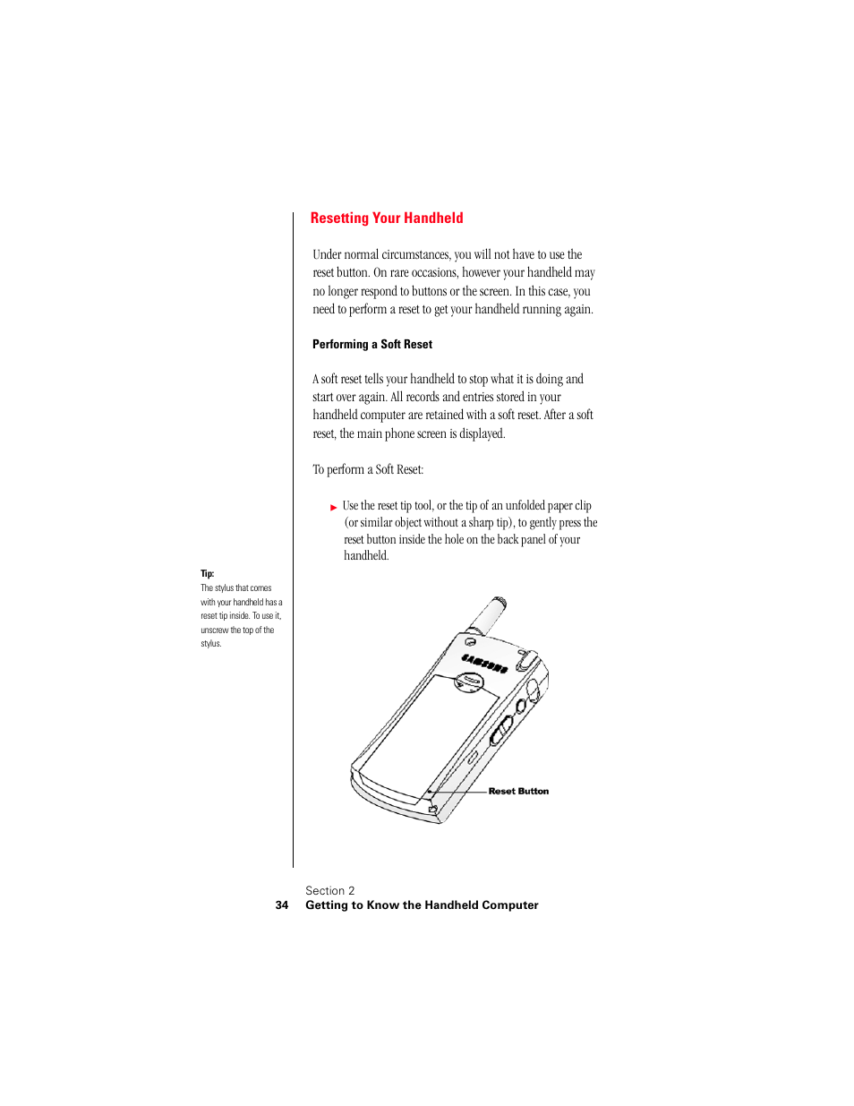 Resetting your handheld, Performing a soft reset | Samsung 010505D5 User Manual | Page 37 / 307