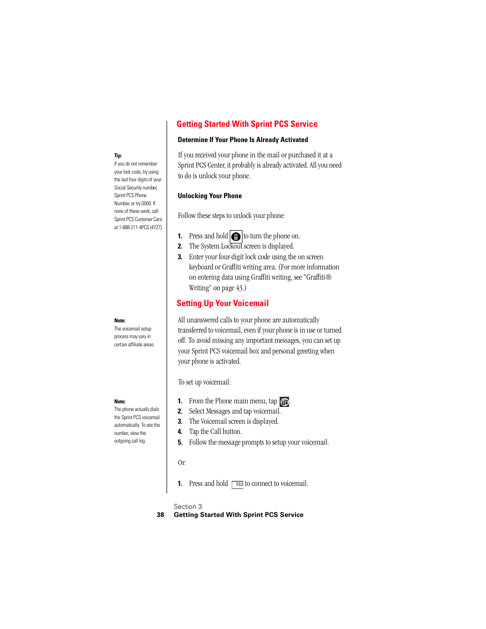 Getting started with sprint pcs service, Determine if your phone is already activated, Unlocking your phone | Setting up your voicemail | Samsung 010505D5 User Manual | Page 41 / 307
