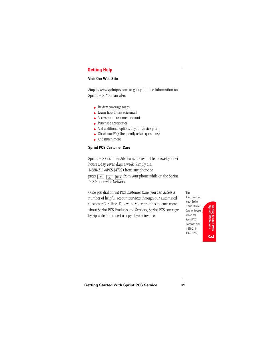 Getting help, Visit our web site, Sprint pcs customer care | Ge 3 | Samsung 010505D5 User Manual | Page 42 / 307