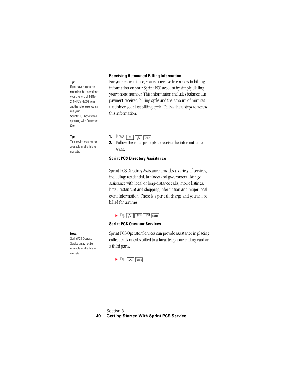 Receiving automated billing information, Sprint pcs directory assistance, Sprint pcs operator services | Press | Samsung 010505D5 User Manual | Page 43 / 307