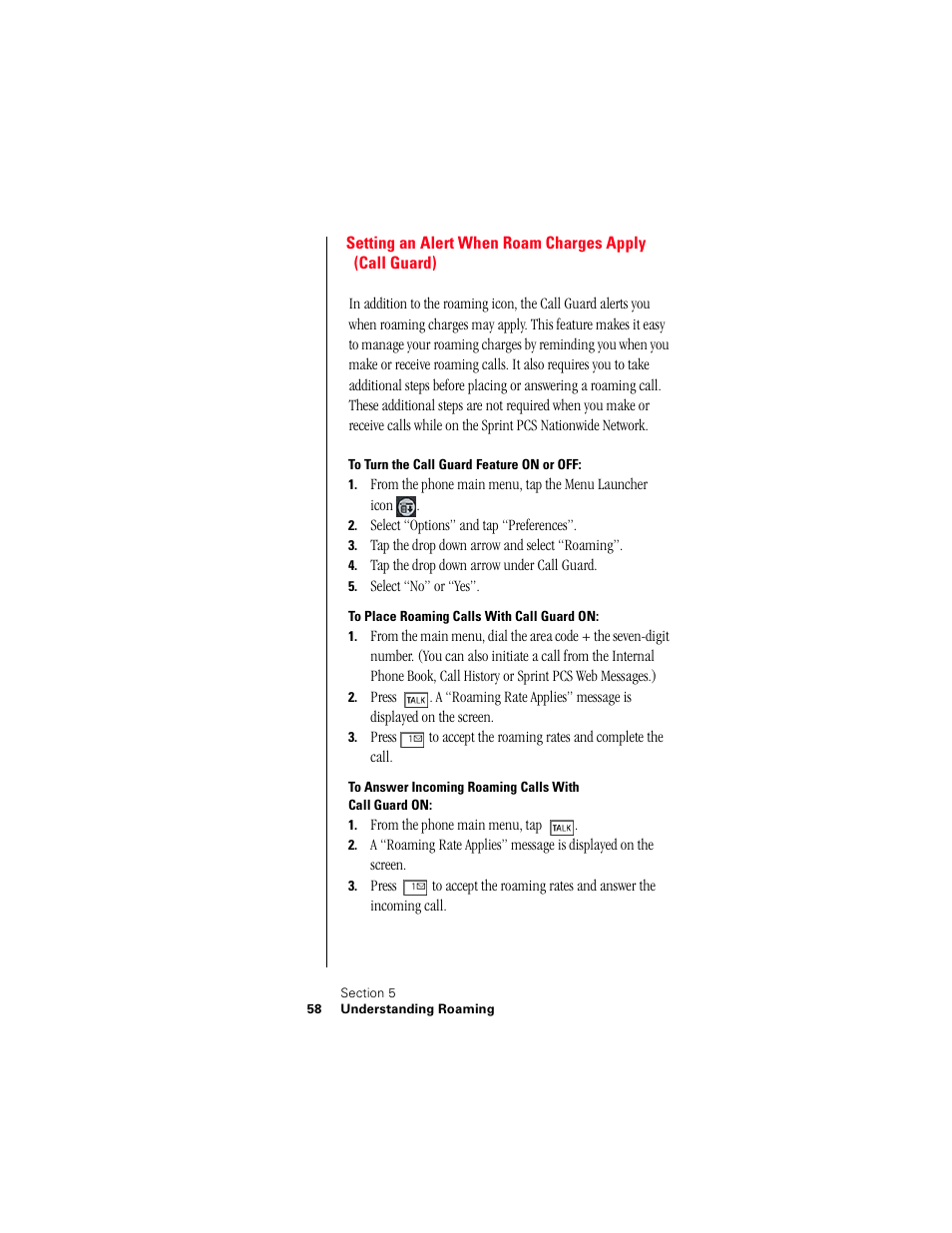 To turn the call guard feature on or off, To place roaming calls with call guard on | Samsung 010505D5 User Manual | Page 61 / 307